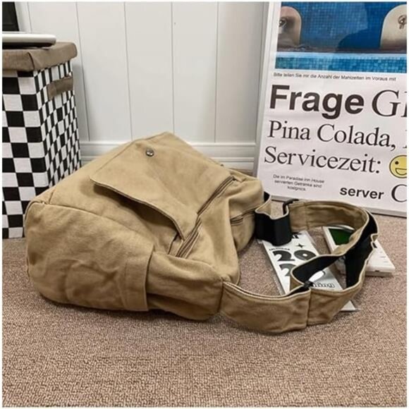 Casual Bag Canvas Shoulder Tote Travel Bag for Women and Men- Khaki - Picture 6 of 6